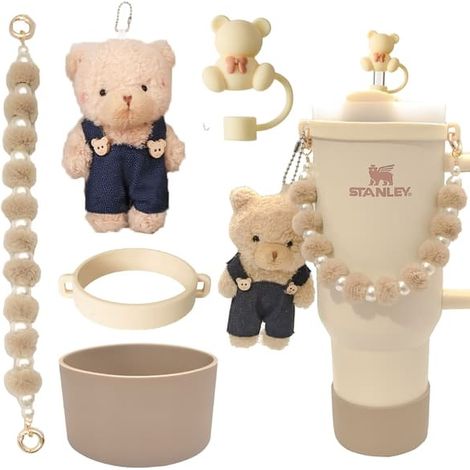 Ensemble d'accessoires pour gourde, chaîne de perles, cordelette, chapeau de paille à motif bégonia, manchon en silicone et pendentif pompon - Ours beige (5 pièces) (1/5)