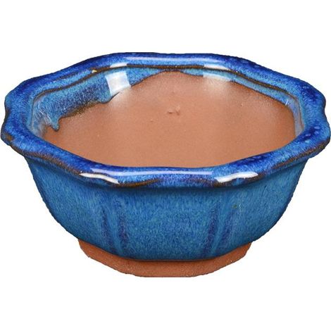 Vaso per bonsai ottagonale (forma a fior di loto) in gres smaltato blu-verde scuro 8,5x8,5x3,5 cm - XC004