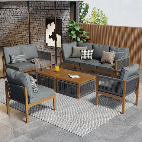 Gartenmöbel-Set für 7-8 Personen, Gartenmöbel-Set mit Sofa + Tisch + Kissen, Abnehmbarer und waschbarer Stoffbezug, Grau