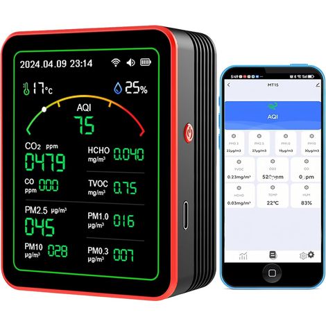 CO2-Monitor, 15-in-1-Raumluftqualitätsmessgerät, tragbarer Kohlendioxid-Detektor, hintergrundbeleuchtetes LCD-Display, Tester für CO2, TVOC, HCHO, PM2,5 und PM10 mit Wecker für Zuhause und Büro