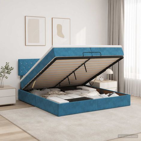 vidaXL Lit coffre avec matelas et LED Bleu foncé 200 x 200 cm Velours (1/5)
