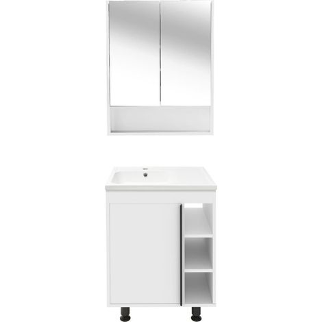 Ensemble meuble avec vasque et armoire miroir - Naturel - Lucca - 59x70x45 - Blanc (1/4)
