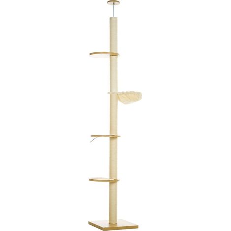 Árbol rascador de techo de madera con columna de sisal, roble y blanco crema (1/4)