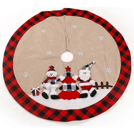 Jupe de sapin de Noël, guirlande lumineuse, tapis de sapin en peluche rouge et blanche à motif flocons de neige (1/5)