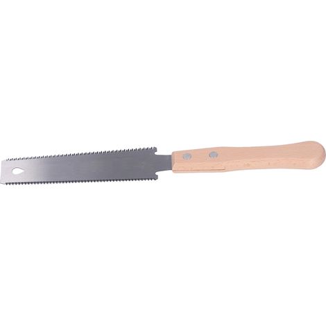Scie égoïne double tranchant, manche bois clair, outil de bricolage, coupe manuelle pour menuiserie et usage domestique. (1/5)
