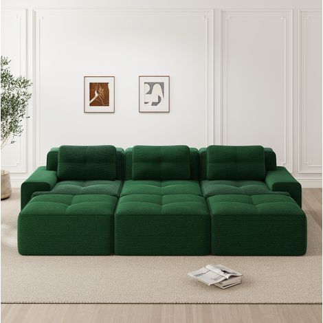 Divano angolare modulare in velluto a coste verde con funzione letto e 3 pouf, seduta profonda 74 cm (1/5)