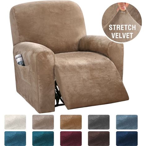 Velours Housse de Fauteuil Relax 1 Place, 4 Pièces avec Poches Housse de Fauteuil Électrique, marron clair (1/5)