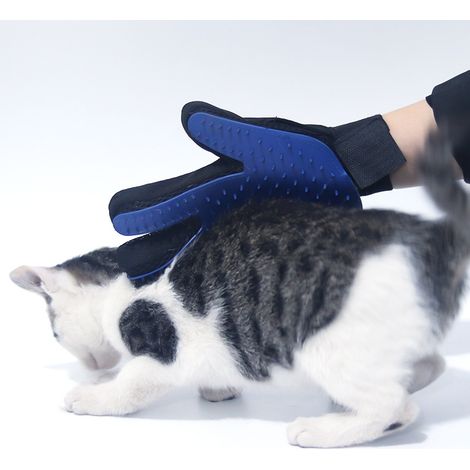 Gants pour animaux : outil de toilettage pour chiens et chats + gant pour meubles pour enlever les poils d'animaux - brosse pour poils longs et courts - démêlant doux (bleu, main droite) (1/5)