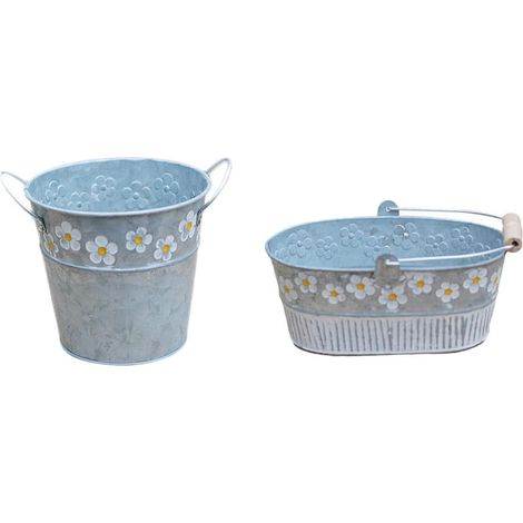 Pots à succulentes vintage en fer Sewroro avec poignées et style shabby chic, lot de 2 pièces (1/5)