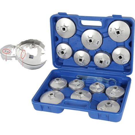 Kit de herramientas de 15 piezas para desmontar filtros de aceite, aleación de aluminio, tipo universal, llave en forma de copa, diseño de perfil bajo. (1/5)