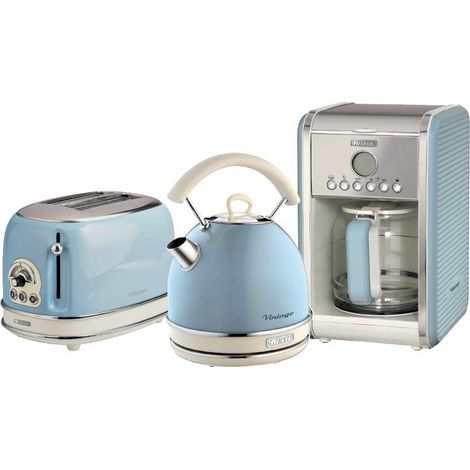 Ariete ARPK15 Retro Style Dome Kettle, 2 Slice Toaster and Filter Coffee Machine Set, Vintage Design, Blue