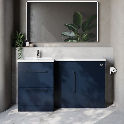 Napoli 390 Deep Blue 1500mm 2 Drawer Vanity Unit Toilet Suite with Left Hand Square Lucia Basin - 1500mm - Chrome 320mm HandleWithout Kingston Toilet Pan