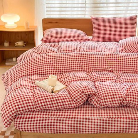 Bettwäsche-Set Rot Kariert 200x200cm Mikrofaser mit 2 Kissenbezügen 80x80cm