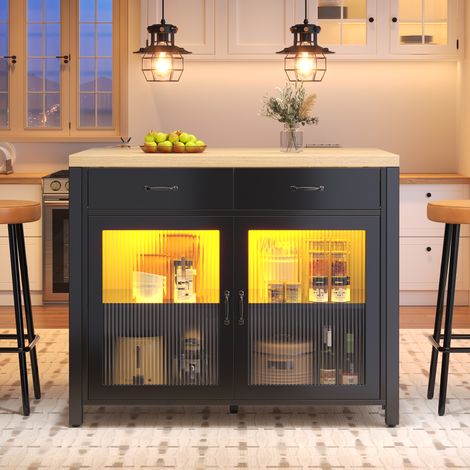 Isla de cocina negra con iluminación LED, 100 x 80 x 90 cm, MDF y vidrio, OKWISH (1/5)