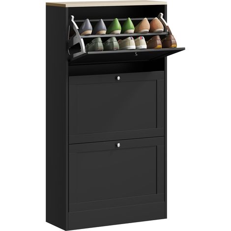 Homcom – Meuble à chaussures noir en panneaux de particules – Dimensions 60 x 23,5 x 115 cm – 3 tiroirs rabattables pour 12-18 paires