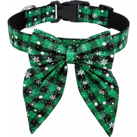 Collier de Noël pour chien avec nœud papillon, en nylon à carreaux rouges et noirs, ajustable, pour grands chiens (taille S, 2 x 40 cm), motif flocon de neige vert et noir. (1/4)