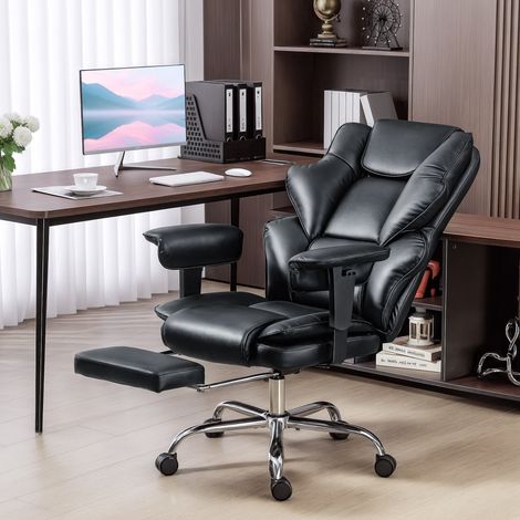 Fauteuil de bureau avec repose-pieds et appui-tête. Cuir PU, mousse et métal. 76 x 73 x 117-125 cm. Noir.