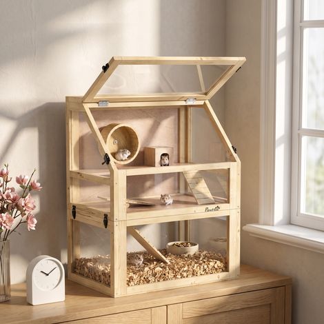 Cage Hamster Rongeur à 3 Niveaux, Fond Amovible, Cabane, Balançoire, 60x40x75cm, Finition Bois Naturel (1/5)