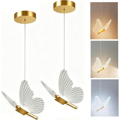 2Lustre papillon doré à une tête, plafonnier en acrylique, lustre LED, éclairage tricolore, idéal pour les chambres, les salons et les cuisines. (1/5)