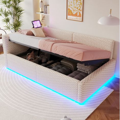 Letto a cassone 90x200 cm con testiera LED, 2 porte USB e Type-C, base idraulica in velluto, beige, senza materasso