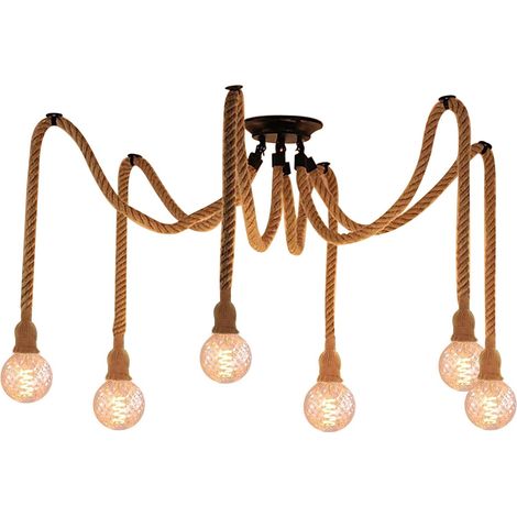 Hemp Rope Ceiling Light 6xE27 Industrial Vintage Ceiling Lamp Retro Pendant Light for Living Room Dining Room Bar Balcony