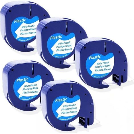 Recharges de ruban d'étiquettes compatibles Dymo, 12 mm x 4 m, blanches, lot de 5 pour LetraTag
