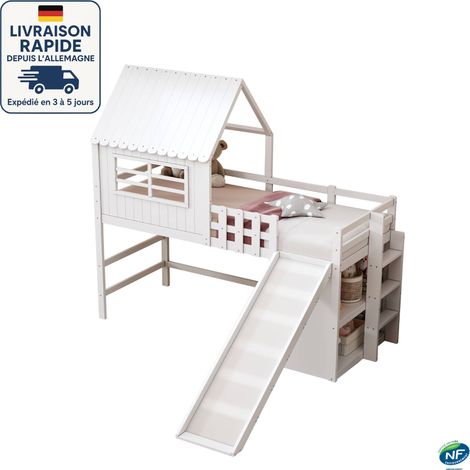MODFU - Lit mezzanine enfant en bois 90×200cm avec étagères et toboggan, lit cabane, antichute, sans matelas, blanc (1/5)