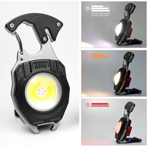 Lampe torche multifonction avec mousqueton, 2 pièces, porte-clés en épi de maïs, lampe de travail, 7 modes d'éclairage, 1600 lumens, lampe torche rechargeable, mini lampe torche, ouvre-bouteille (1/4)