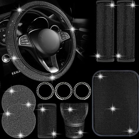 Juego de 11 accesorios para coche con pedrería: funda para volante, palanca de cambios, freno de mano, cinturón de seguridad, anillos para el botón de arranque, posavasos, cojín para el reposabrazos (