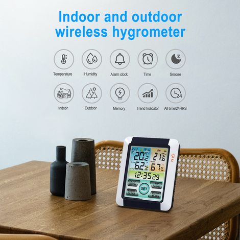 Igrometro per interni ed esterni, touchscreen a colori retroilluminato, funzione allarme, per casa e ufficio, multifunzione, ℃ ℉, cronologia delle impostazioni, visualizzazione dei dati. (1/5)