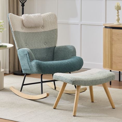 Fauteuil à bascule relax - 83x65,5x95 cm - Avec repose-pieds rayé patch boucle pieds bois et métal - Multicolore (1/5)