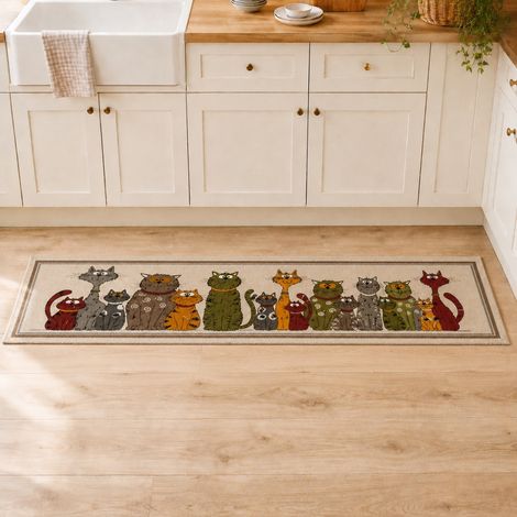 Tappeto Cucina Gatti 100% Cotone Antiscivolo Beige Multiuso Cm. 50x120 (1/5)