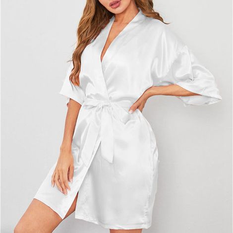 Peignoir de pyjama femme ceinturé, col V, manches longues, idéal pour le bain et le spa, blanc, taille M (1/3)