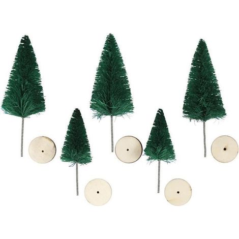Objets décoratifs - Petits arbres en nylon - Vert - Socle en bois - Décoration de Noël