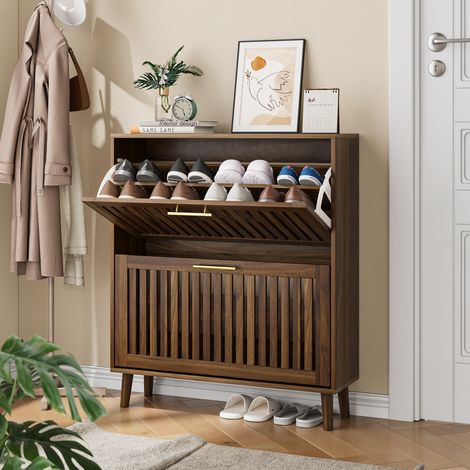 Scarpiera 80 cm noce in MDF e truciolare con ante ribaltabili, ripiani regolabili e design rustico (1/5)