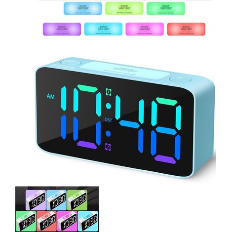 Réveil numérique avec veilleuse RGB - grand écran, alimentation USB - idéal pour les tables de chevet et les bureaux - bleu (1/5)