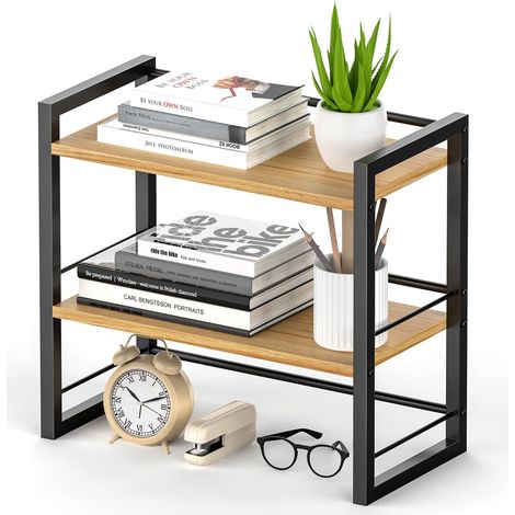 Étagère Bureau Double en Bois, Organiseur de Bureau Compact, Étagère de Rangement à Poser sur Bureau pour Livres et Fournitures, Petite Étagère pour Plan de Travail, Commode ou Bibliothèque (Noir) (1/5)