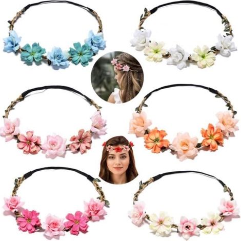 Couronne de Fleurs Bandeau, 6 Couronne Fleur Cheveux,Fleurs Headbands en Ruban Elastique pour Fête du Festival de Mariage (1/4)