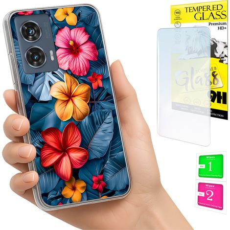 Coque pour Motorola Edge 50 Fusion Photo, dos à fleurs + verre 9H (1/5)