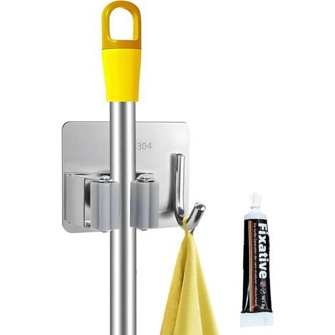Set di 2 porta scope da parete, senza bisogno di forare, con gancio, in acciaio inox (grigio). (1/5)