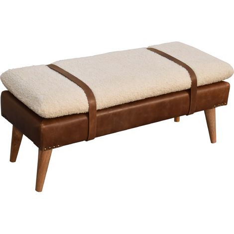 Banc rembourré en bois massif, bouclé et cuir de peau de buffle, beige