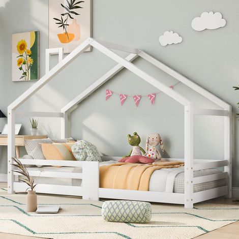 Cama infantil casita 90/200 cm blanca de madera maciza con barandillas y chimenea (1/5)