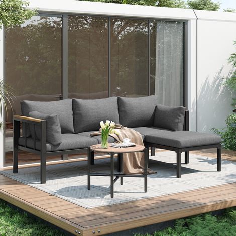 Ensemble de mobilier de jardin salon d'angle gris - Canapé, table basse et repose-pieds structure tubes acier galvanisé plateau en verre idéal pour jardins piscines et espaces extérieurs