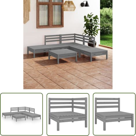 The Living Store 6-tlg. Garten-Lounge-Set Massivholz Kiefer Grau - Outdoor Lounge Set - Gartenmöbel - Rattan Möbel - Kiefernholzmöbel - Garten Sofa (1/5)