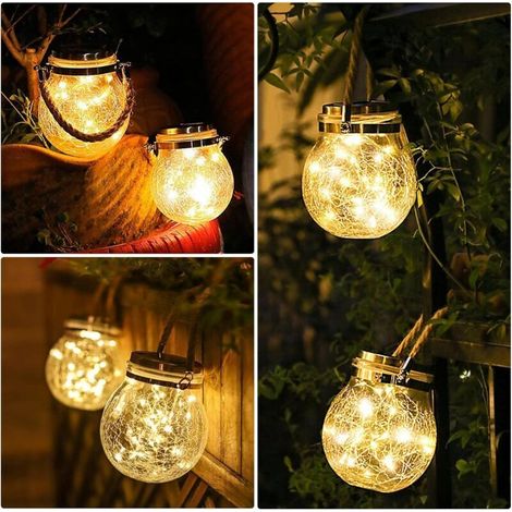 Lanterne Exterieur, 2 Pièces 30 LED Lampe Solaire Verre Craquelé, IP65 Imperméable Solaire Lumière Jardin, Lampe Solaire Exterieur a Suspendre pour Intérieur Extérieur Noël Décoration