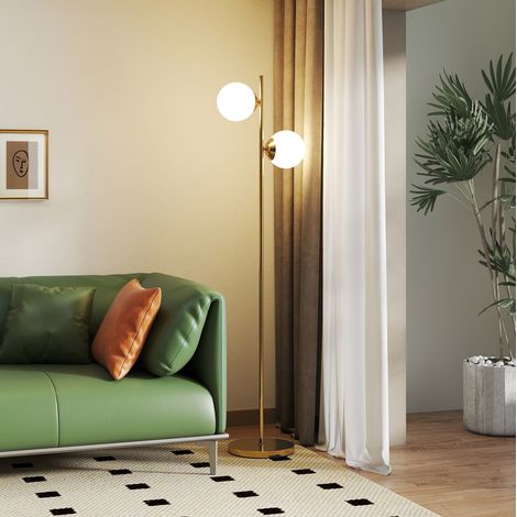 Stahl- und Glas-Stehlampe, 165 cm, gold-weiß, 2 Lampenschirme OKMYHOME (1/5)
