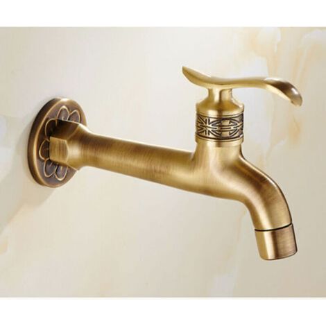 Lot de 2 robinets antiques en laiton avec poignée pour buanderie, montage mural, pour lave-linge ou tuyau simple eau froide en extérieur. (1/3)