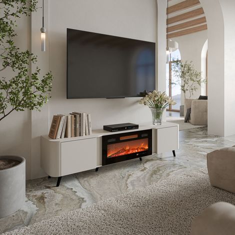 Mueble de TV Vicino, aparador de salón con dos puertas batientes y chimenea eléctrica, elevado del suelo, 191x40 h58 cm, beige (1/5)