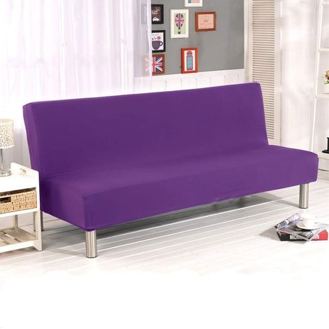 Armless 3-seater sofa bed cover, solid color, stretchable, polyester and elastane, polyester fiber, purple, 11.8 x 10.1 x 2.2 inches (1/5)