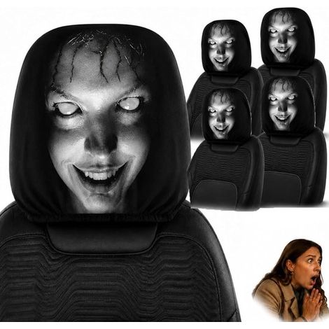 Copri poggiatesta per auto, set universale da 4 pezzi, copri poggiatesta con motivo di Halloween e stampa "faccia di fantasma", decorazione bifacciale per auto. (1/5)